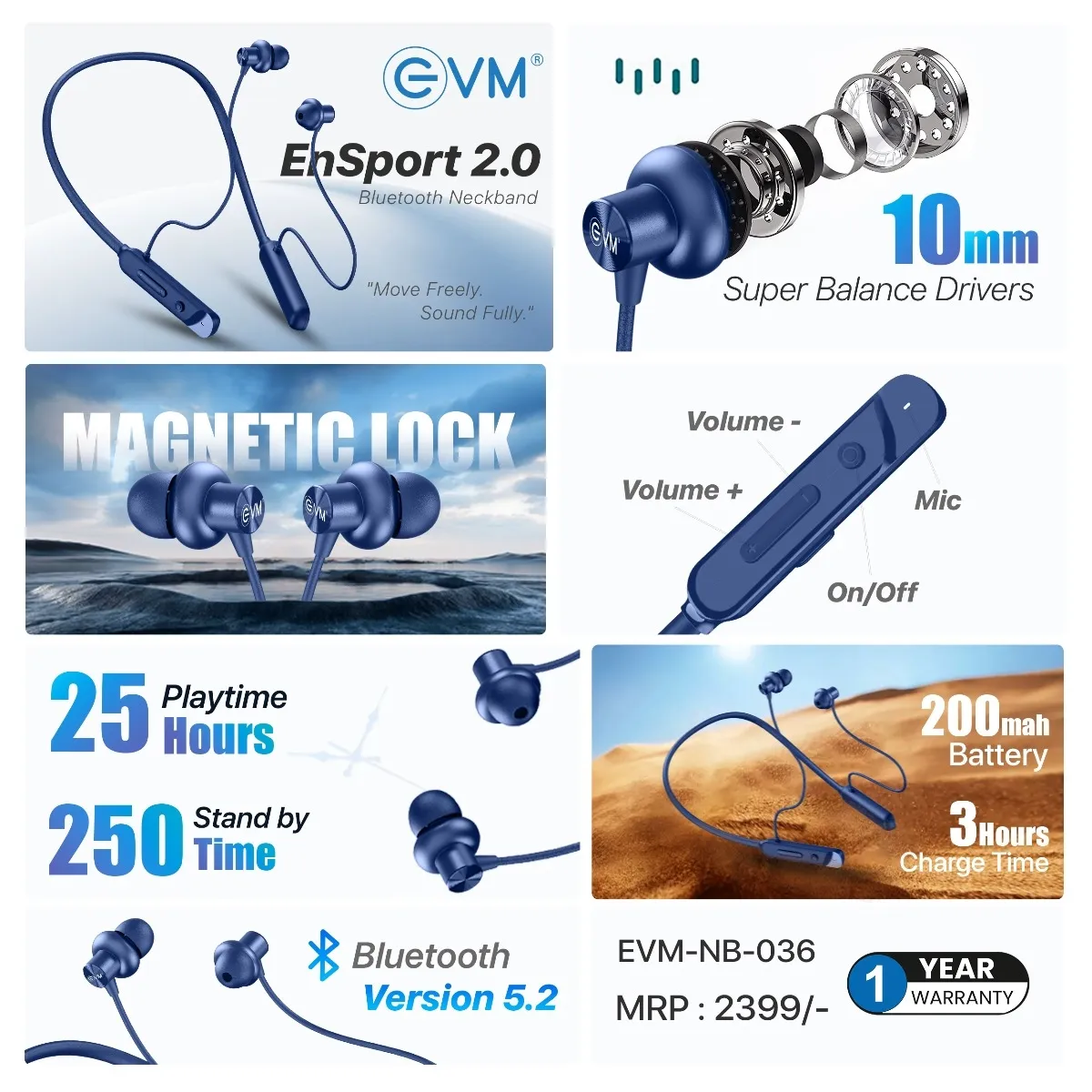EVM Bluetooth Neckband Earphone EnSport 2.0 (NB-036) Blue view 4